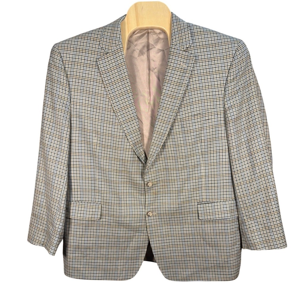 Jos. A. Bank Mens 50R Sport Coat Wool Silk Blend Micro Check Tan Blue Blazer